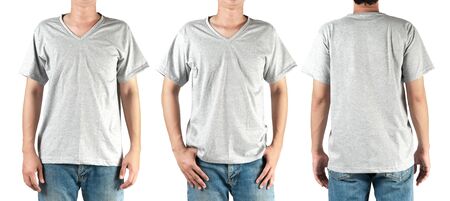 Gray t shirt on man template on white backgroundの写真素材