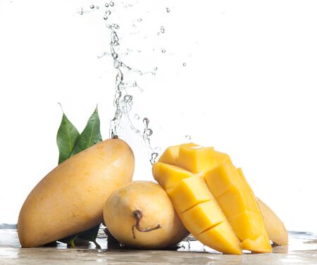 Mango splashing over clear water on white backgroundの写真素材