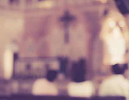 blurred vintage photo of church interior for abstract backgroundの写真素材