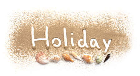 Word holiday written in sand beach on white backgroundの写真素材