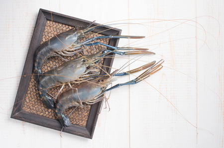 Giant river prawn on wood , top viewの写真素材