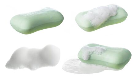Soap with foam isolated on whiteの写真素材