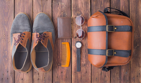 Hipster man fashion accessory on wooden with copy space,Top viewの写真素材