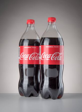 BANGKOK,THAILAND,MARCH 15 2018 :Bottle of Coca-Cola on the gray backgroundのeditorial素材