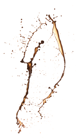 Coffee splash with drops isolated on white backgroundの写真素材