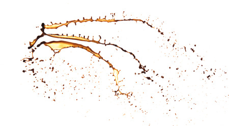 Coffee splash with drops isolated on white backgroundの写真素材