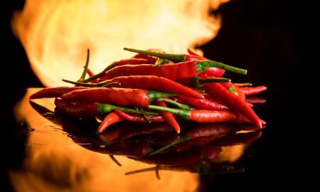 Hot chilli with burning fire on black surfaceの写真素材