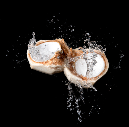 Cracked coconut with water splash isolated on blackの写真素材