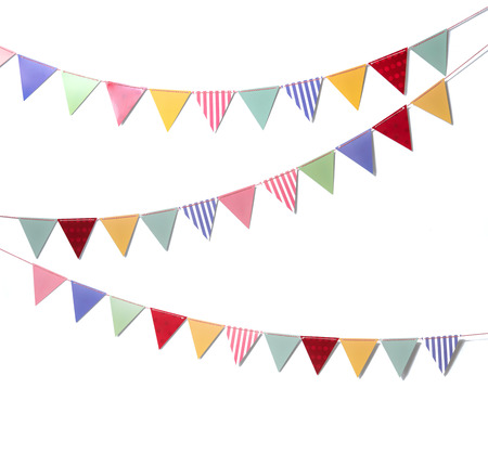 Paper party flags for decoration and covering on white background.の写真素材