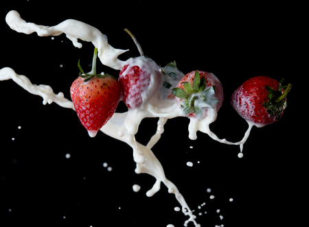 Strawberry milk splash isolated on blackの写真素材