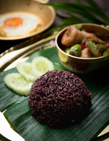 Street food on traditional:Rice Berry with Stir Fried Twisted Cluster Bean with Shrimps,Thai foodの写真素材
