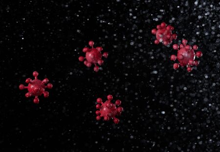 Coronavirus outbreak in 2019,Flu COVID-19 virus cell with water splash of air on black background,Flu virus spread caused by influenzaの写真素材