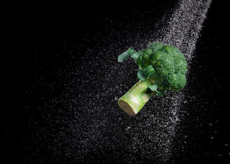 Water pouring to the fresh broccoli isolated on black background,Vegetables are washed