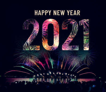 2021 Happy New Year text with fireworks series,New year celebration concept.