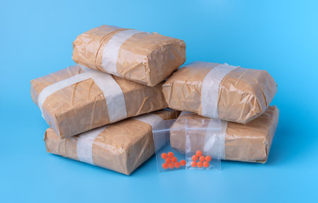 Amphetamine,substance abuse amphetamine tablets in plastic bags,Dangerous drugsの写真素材