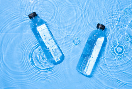 Water bottle in clean transparent water with sunlight on blue background,top view