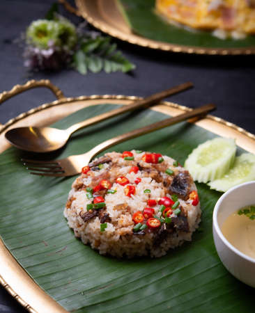 Fried Rice with Canned Mackerel on the table,Thai style fusion foodの写真素材