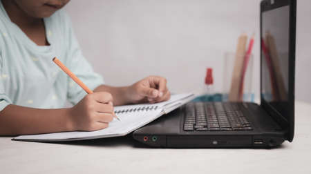 Young kid girl studying at home using a computer notebook laptop at home , education concept.