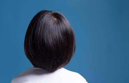 Short haircut dark hair young girl, back viewの写真素材