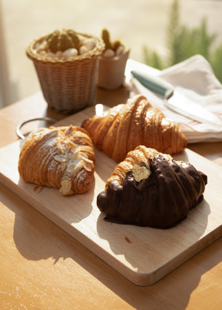 Homemade Half Chocolate Croissants,nuts flakes crumbs croissants on the tableの写真素材