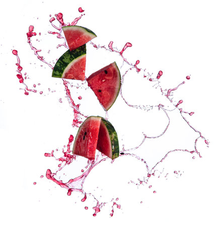 Watermelon slice with juice splash isolated on white background.の写真素材