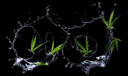 Cannabis leaf, marijuana leaf with splashing water on black backgroundの写真素材