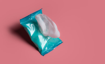 Open wet wipes flow pack on pink background,flat lay. Space for textの写真素材