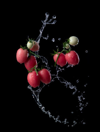 Fresh red tomato with water splash and air bubbles isolated on black background.の写真素材