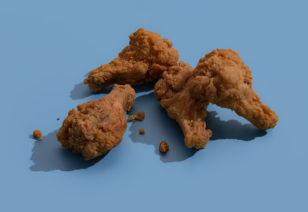 Fried chicken wings on blue backgroundの写真素材