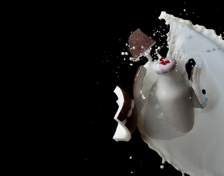 coconut milk in glass bottle with milk splash on black backgroundの写真素材
