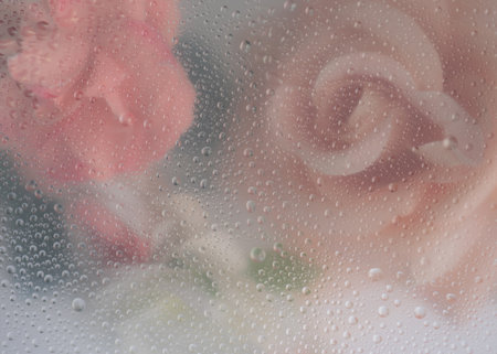Pink rose flowers arrangement behind a white matte glass blurry with water drops,soft focus,DOF-...