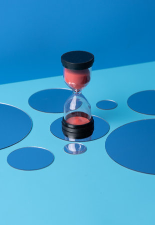Hourglass with mirror on blue background