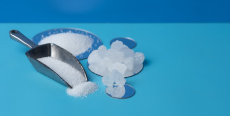 Heap of white Misri rock candy sweetener and granulated sugar on blue background