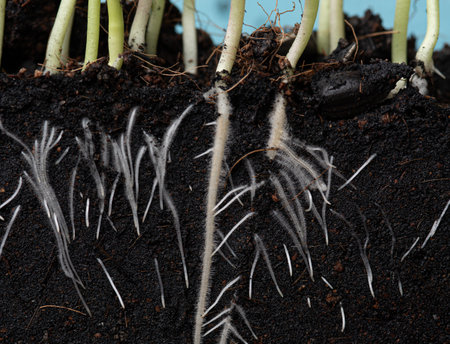close-up of the roots of the plant on black soil