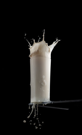 Fresh milk in a glass on table on black background,milk splashの写真素材