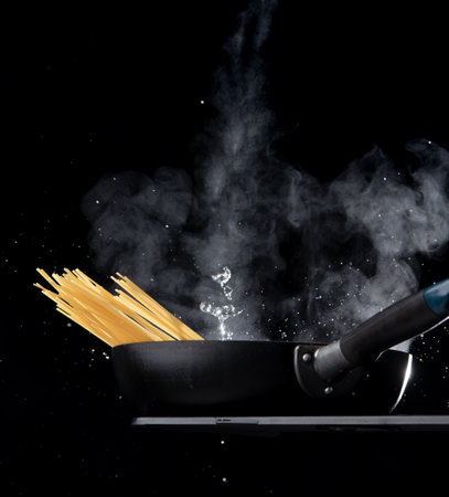 Spaghetti in pan cooking in black pan on dark backgroundの写真素材