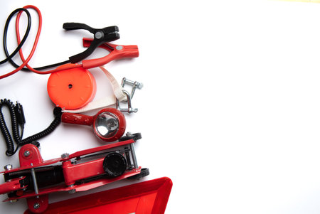 Car emergency kit on white background for vehicle and transportation concept