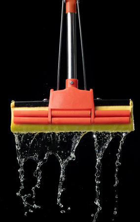 Squeezing mop with dirty water isolated on black background