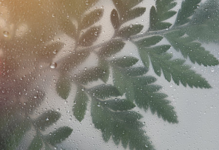 Green leaves fern tropical rainforest foliage plant behind a white matte glass blurry with water drops,soft focus,DOF- depth of fieldの写真素材