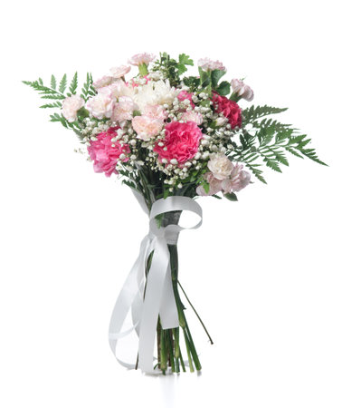 beautiful bouquet of bright flowers isolated on whiteの写真素材