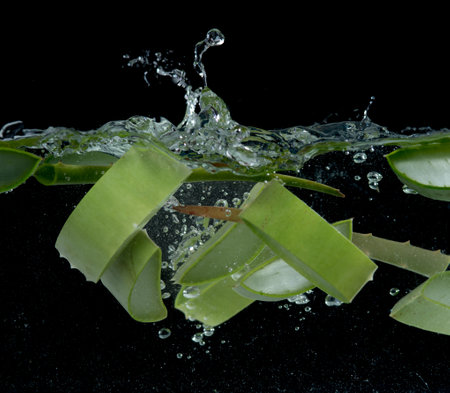 Slices of aloe under water on black backgroundの写真素材