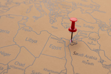 A red pin on Israel of the world mapの写真素材