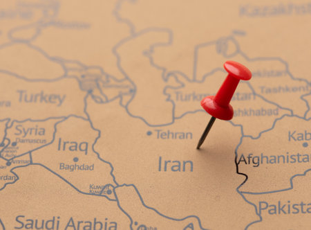 A red pin on Iran of the world mapの写真素材