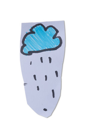 Handmade weather forecast, cloudy, heavy rain on white paper made by childの写真素材