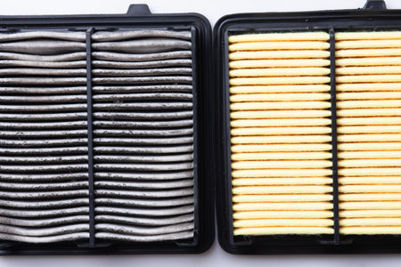 Close-up air filter for car with new and old placedの写真素材
