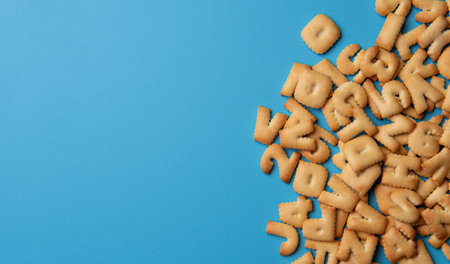 Alphabet biscuit bread isolated on blue backgroundの写真素材