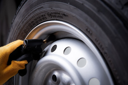 driver checking air pressure and filling air in the tires close upの写真素材