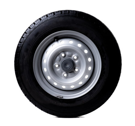 Standard car wheel isolated on white backgroundの写真素材