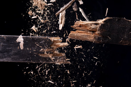 Broken wood,Dust and wood chips on a black backgroundの写真素材