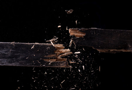 Broken wood,Dust and wood chips on a black backgroundの写真素材